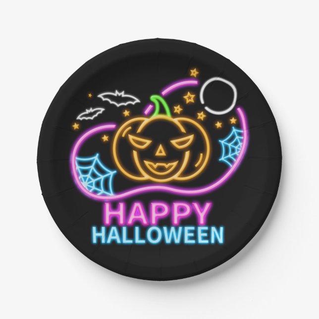 Plato De Papel Neobencor Mirar Brillo Halloween Calabaza Bats Web (Anverso)
