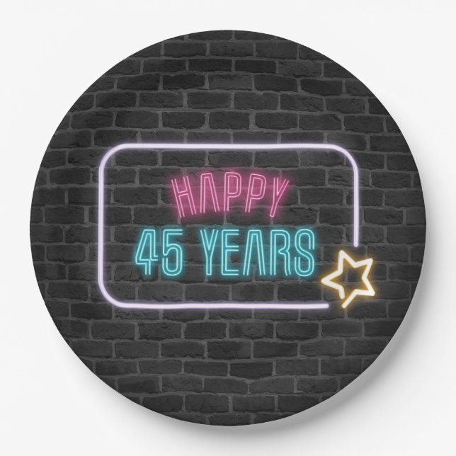 Plato De Papel Neon 45th Birthday Marquee On Brick Wall (Anverso)