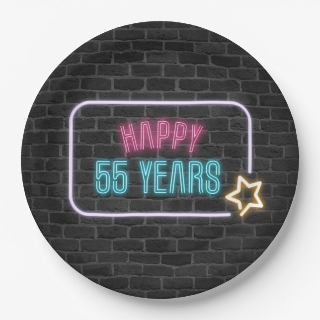 Plato De Papel Neon 55th Birthday Marquee On Brick Wall (Anverso)