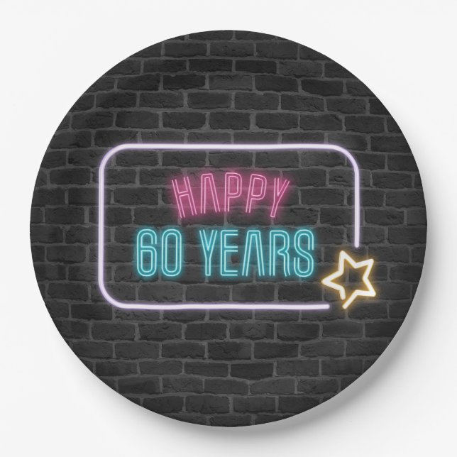 Plato De Papel Neon 60th Birthday Marquee On Ladick Paper Plate (Anverso)