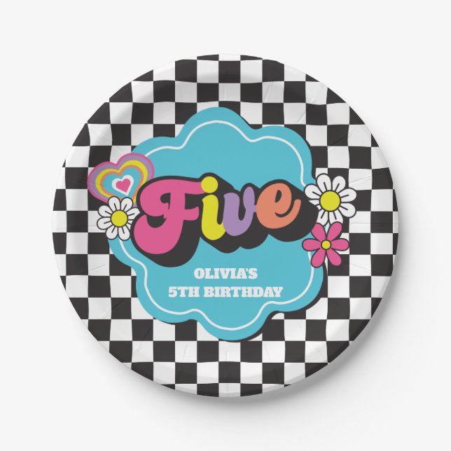 Plato De Papel Neon 90s Retro 5º cumpleaños (Anverso)
