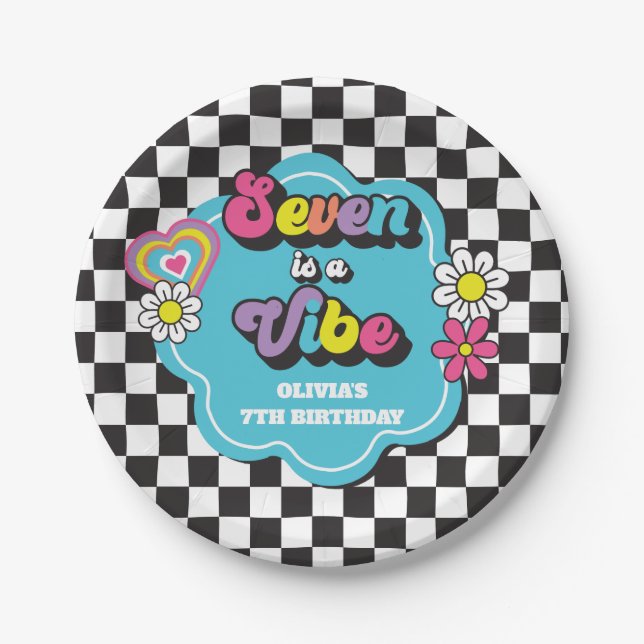Plato De Papel Neon 90s Retro Seven es un 7° cumpleaños de Vibe (Anverso)