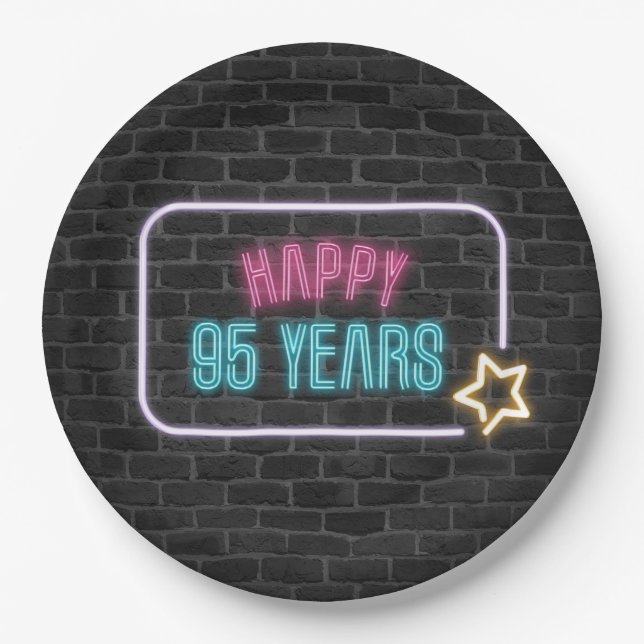 Plato De Papel Neon 95th Birthday Marquee On Brick Wall (Anverso)