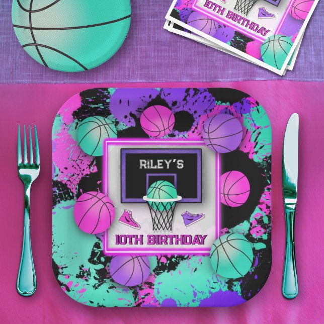 Plato De Papel Neon Basketball Sneakers & Paint Splatter Cumpleañ (Subido por el creador)