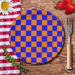 Plato De Papel Neon Blue Naranja Checkered Checkerboard Vintage<br><div class="desc">Tablero de verificación de color azul neón y Naranja | Vintage | Clásica | Trendy | Elegante | Moda | Mínimo</div>
