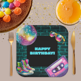 Plato De Papel Neon Disco Birthday de los 90