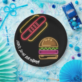 Plato De Papel Neon Fast Food Monograma Nombre Vibrante