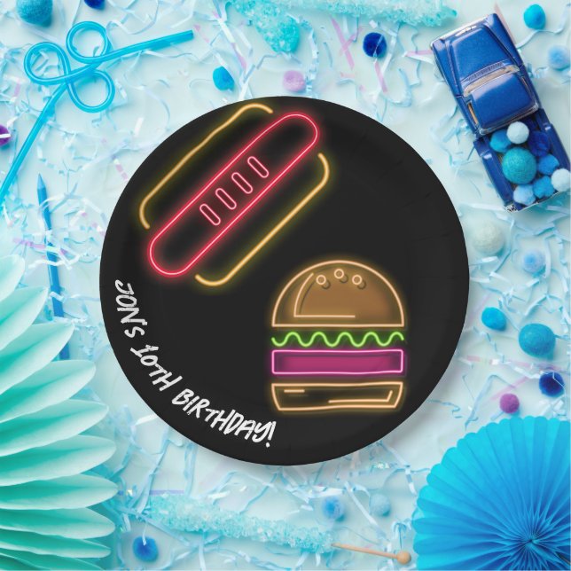 Plato De Papel Neon Fast Food Monograma Nombre Vibrante (Fiesta)