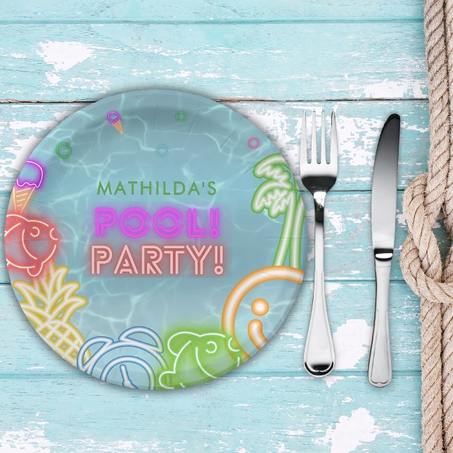 Plato De Papel Neon Glow Pool Party Any Age Birthday  (Subido por el creador)