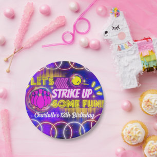 Plato De Papel Neon Glow Purple Chica Bowling Fiesta de Cumpleaño