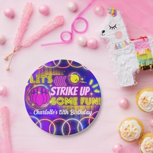 Plato De Papel Neon Glow Purple Chica Bowling Fiesta de Cumpleaño (Fiesta)