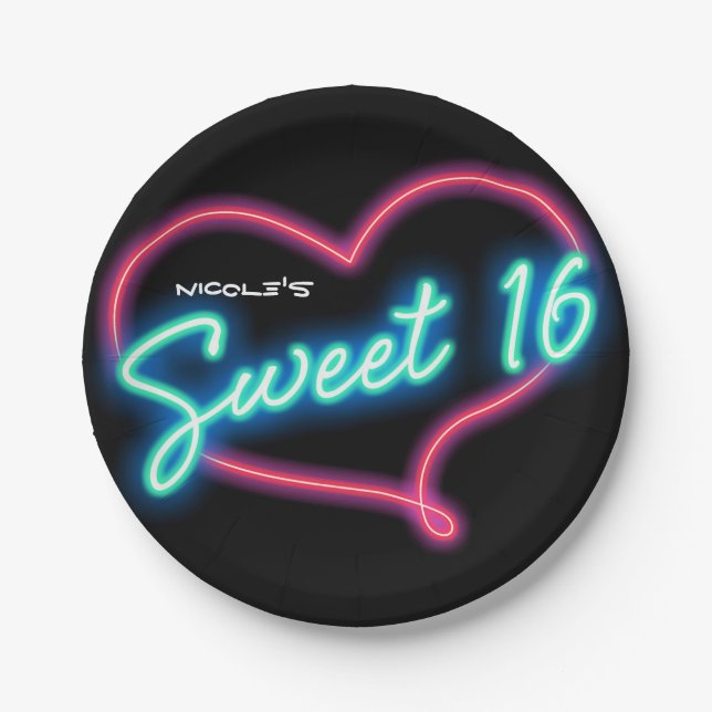 Plato De Papel Neon Glow SWEET 16 Heart Birthday Party (Anverso)