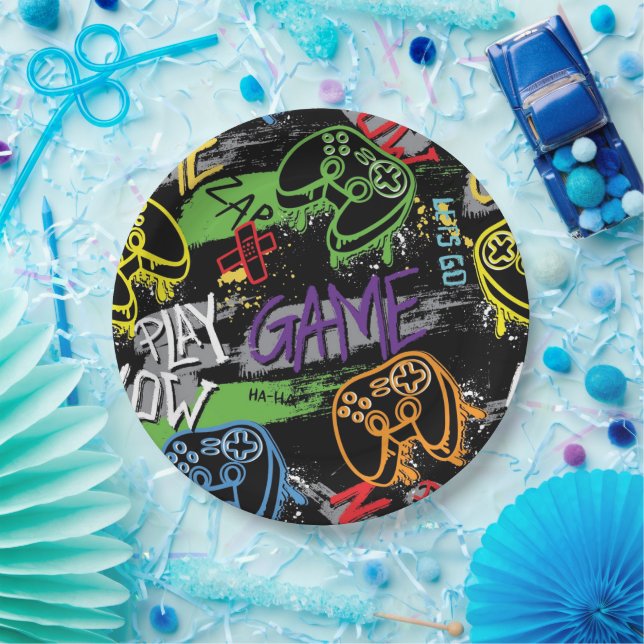 Plato De Papel Neon Graffiti Gaming Pattern (Fiesta)
