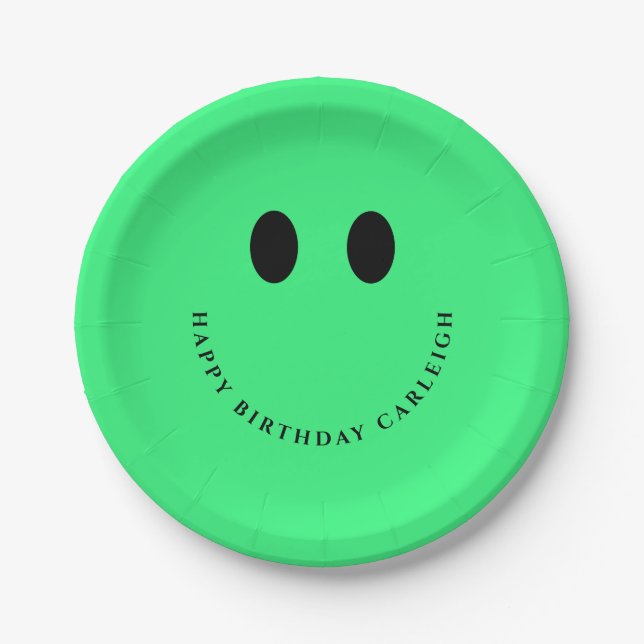 Plato De Papel Neon Green Happy Face Personalizado  (Anverso)