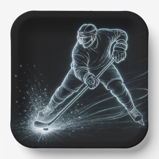 Plato De Papel Neon Hockey Player On Ice (Anverso)