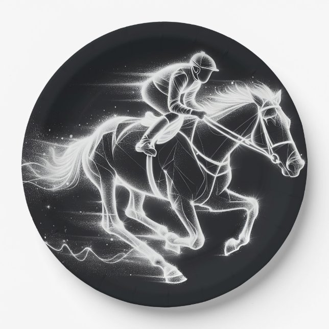 Plato De Papel Neon Jockey sobre un caballo galopante (Anverso)