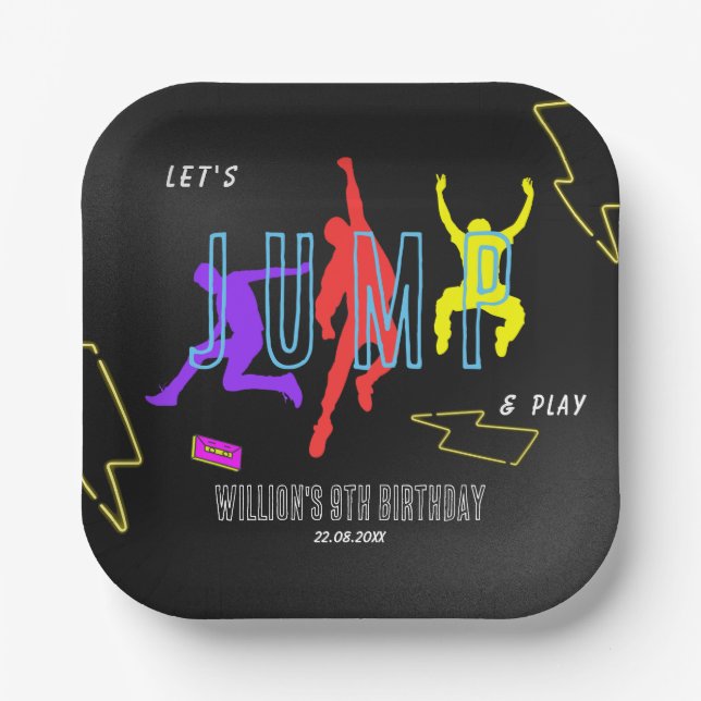 Plato De Papel Neon Let's Jump Kids Fun Birthday Party (Anverso)
