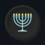 Plato De Papel Neon Menorah<br><div class="desc">Menorah azul en estilo de señas de neón.</div>