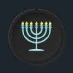 Plato De Papel Neon Menorah<br><div class="desc">Menorah azul en estilo de señas de neón.</div>