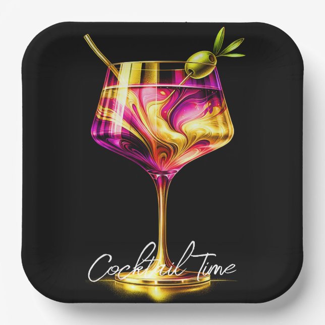 Plato De Papel Neon Modern Fiesta Time Personalizado (Anverso)