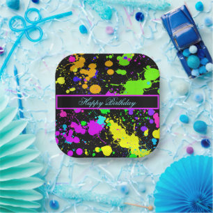 Plato De Papel Neon Paint Green Purple Happy Birday