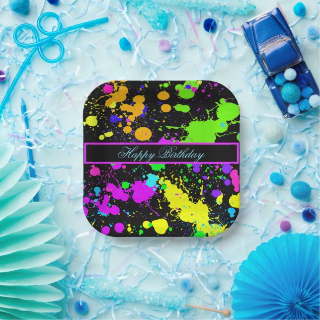 Plato De Papel Neon Paint Green Purple Happy Birday (Fiesta)