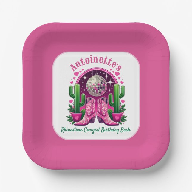 Plato De Papel Neon Pink Cowgirl Boots & Disco Ball Bachelorette (Anverso)