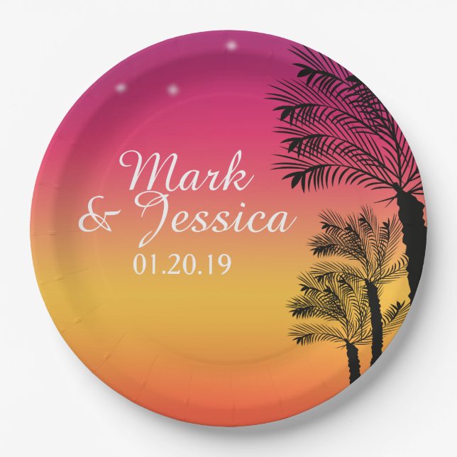 Plato De Papel Neon Pink Ombre Tropical Tree Sunset Beach (Anverso)