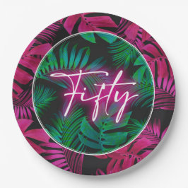 Plato De Papel Neon Pink Tropical 50 cumpleaños