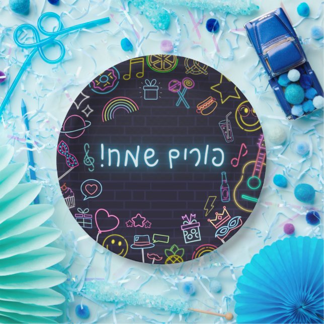 Plato De Papel Neon Purim (Fiesta)