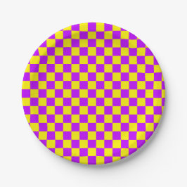 Plato De Papel Neon Purple Yellow Check Checkerboard Vintage