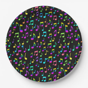 Plato De Papel Neon Rainbow Musical Notes On Black
