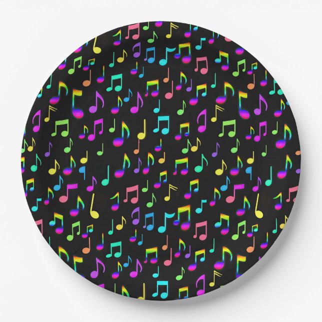 Plato De Papel Neon Rainbow Musical Notes On Black (Anverso)