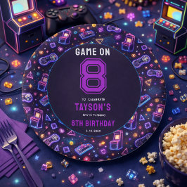 Plato De Papel Neón Resplandor Juego Retro de Arcade Cumpleaños 8