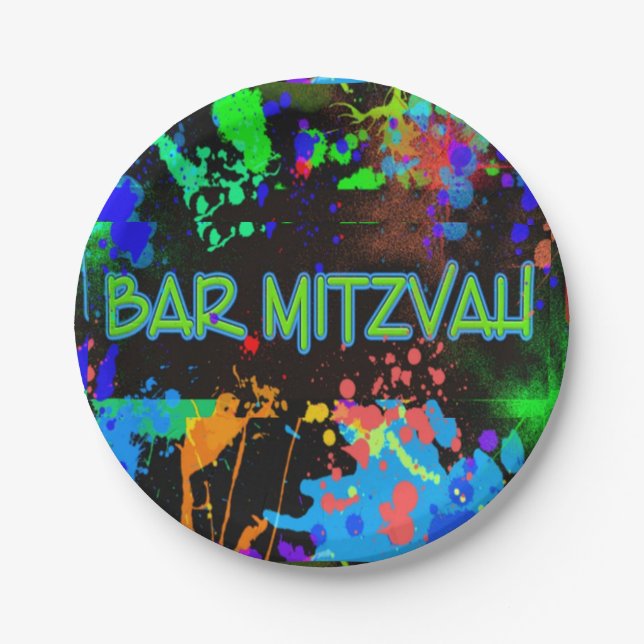 Plato De Papel Neón, Salpicadura de pintura, Bar Mitzvah (Anverso)