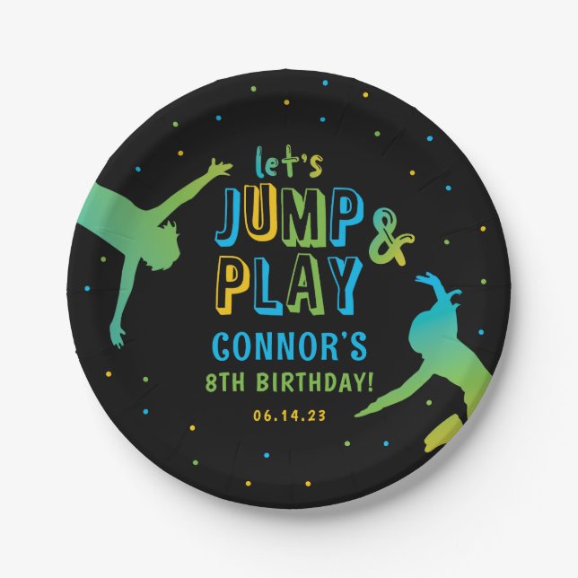 Plato De Papel Neon Trampoline Park Boys Fiesta de cumpleaños (Anverso)