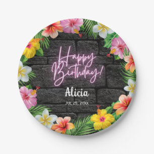 Plato De Papel Neon Tropical Forest Summer Hawaii Feliz Cumpleaño