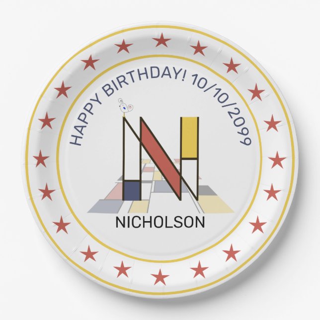 Plato De Papel Neoplasticismo Art Elegante Monograma. Letra N (Anverso)