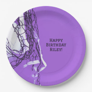 Plato De Papel Neto y voleibol de la fiesta de cumpleaños púrpura