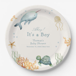 Plato De Papel Neutral Ahoy Bajo El Baby Shower De Sea Whale Boy