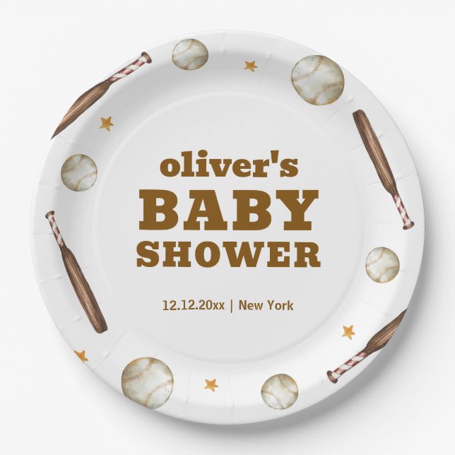 Plato De Papel Neutral Batter Up Baseball Sport Boy Baby Shower  (Anverso)