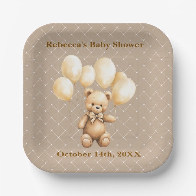 Plato De Papel Neutral Brown Teddy Bear Baby Shower Paper Plate (Anverso)