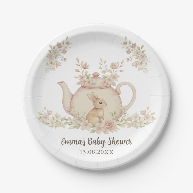 Plato De Papel Neutral Bunny & Floral Teapot Baby Shower  (Anverso)