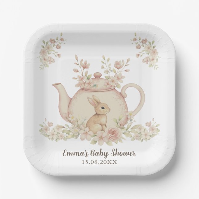 Plato De Papel Neutral Bunny & Floral Teapot Baby Shower  (Anverso)
