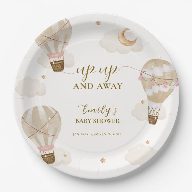 Plato De Papel Neutral Elegant Boho Hot Air Balloon Baby Shower (Anverso)