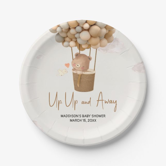 Plato De Papel Neutral Hot Air Balloon Up and Away Baby Shower (Anverso)
