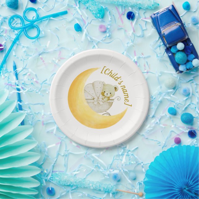 Plato De Papel Neutral Luna Baby Shower Editable (Fiesta)