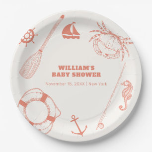 Plato De Papel Neutral Modern Nautical Fishing Boy Baby Shower