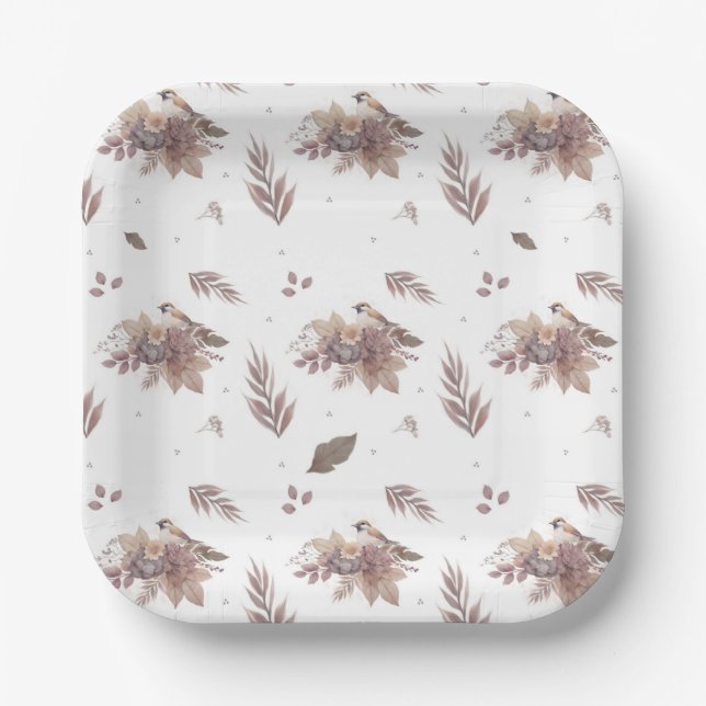 Plato De Papel Neutral Otumn Bird Seamless Pattern (Anverso)