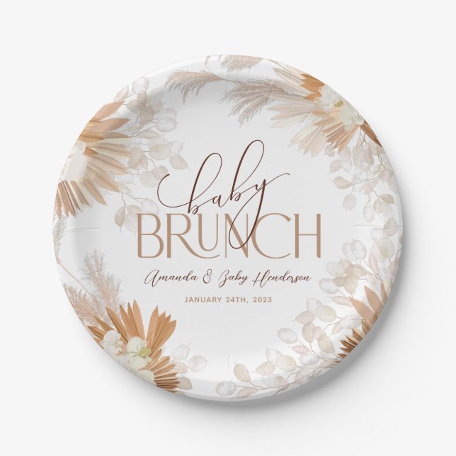 Plato De Papel Neutral Pampas Baby Brunch Baby Shower (Anverso)